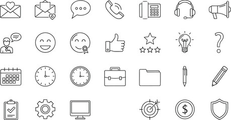 Communication icon set, business productivity symbols, CAD drawing, vector illustration, envelope, speech bubble, calendar, gear, checklist, monitor