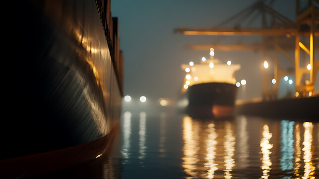Cargo ships at port at night with yellow light reflections. Large vessel at dock in a misty evening, highlighting maritime logistics and trade.