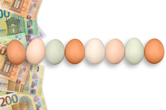 Chicken eggs on the white background with euros. Eggs price. Eggs are one of the most nutritious and versatile foods in the world.