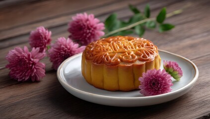Celebrate MidAutumn Festival with a beautifully crafted mooncake and vibrant chrysanthemums on rustic wooden background conveying warmth and tradition