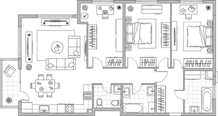 Apartment layout, residential floor plan, modern interior, architectural blueprint, home design, vector drawing, furniture arrangement, CAD sketch, flat illustration, balcony view