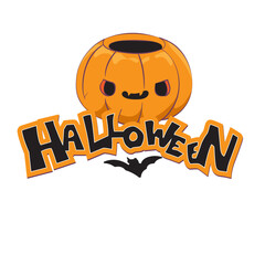 Cartoon Halloween word art logo with a smiling jack-o-lantern pumpkin and a flying bat. Playful orange and black gradient text for festive holiday designs.