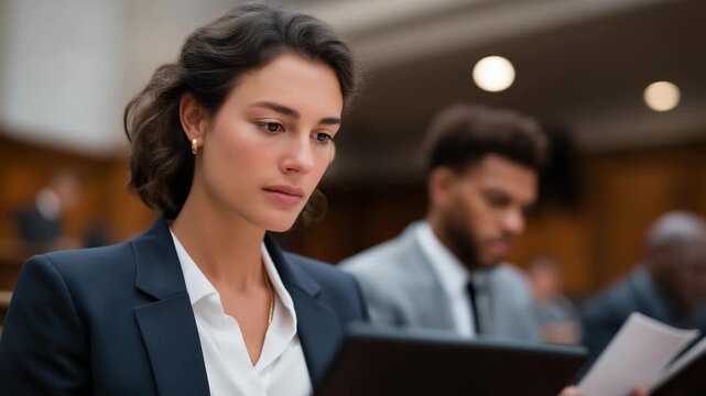 Jurors analyzing witness statements and exhibits using printed documents and tablets, emphasizing attentive review, courtroom procedure, fair assessment, professional responsibility, legal