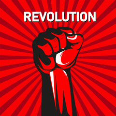 Powerful raised fist graphic on red striped background symbolizing protest and strength.Raised fist illustration on red striped background symbolizing revolution and strength