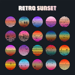 Grunge vintage colorful sunset. Striped gradient sunrise badges in 80s and 90s style. Sun and ocean view, summer vibes, surfing. Design element for print, logo or t-shirt. Vector illustration.