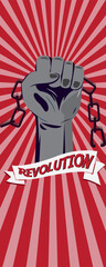 Revolution protest graphic with a powerful raised fist breaking chains on a radiating red and pink striped background.