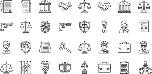 Legal icon set, justice symbols, law enforcement tools, courthouse, gavel, scales of justice, CAD drawing, vector illustration, fingerprint, police officer