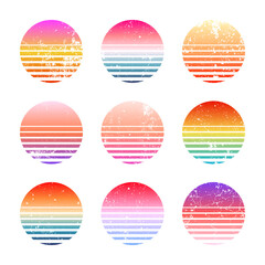 Grunge vintage colorful sunset. Striped gradient sunrise badges in 80s and 90s style. Sun and ocean view, summer vibes, surfing. Design element for print, logo or t-shirt. Vector illustration.