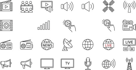 Media icon set, broadcasting symbols, communication tools, video player, satellite dish, CAD drawing, vector illustration, microphone, TV screen, internet signal