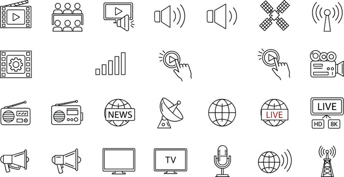 Media icon set, broadcasting symbols, communication tools, video player, satellite dish, CAD drawing, vector illustration, microphone, TV screen, internet signal
