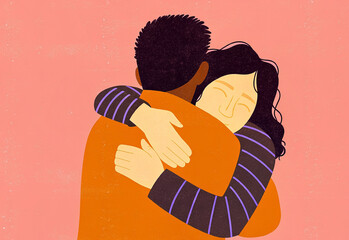 Diverse Couple Embracing with Affection and Joy on Purple Background