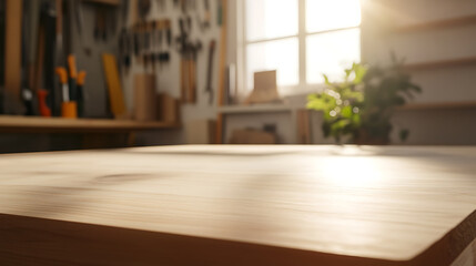 Wooden tabletop in a bright workshop, ready for crafting projects. Natural light illuminates the space, creating a warm, inviting atmosphere.