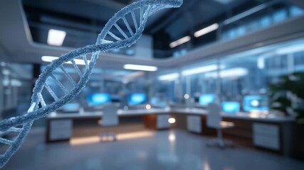 Modern biotech environment where holographic DNA strands rotate above interactive workstations with high-tech lab tools, highlighting genetic sequencing, futuristic molecular biology, and - Powered by Adobe