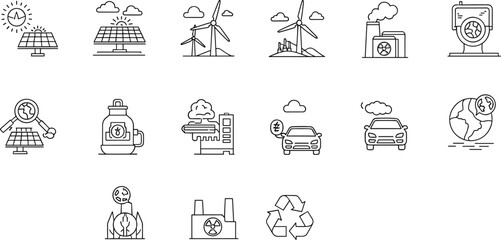 Sustainability icon set, energy and environment symbols, CAD drawing, vector illustration, solar panel, wind turbine, electric car, recycling, nuclear