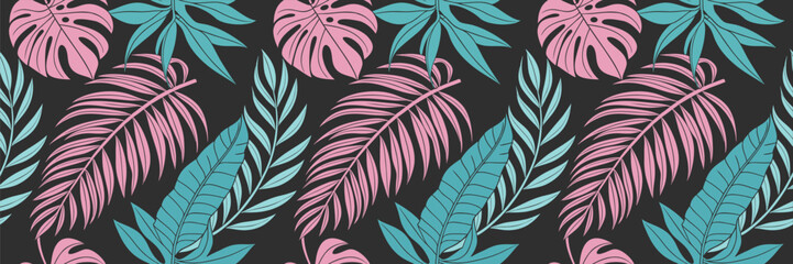 Tropical leaf seamless pattern with pink and teal palm and monstera leaves on dark background. Elegant botanical wallpaper for summer fashion or textile design. Modern exotic foliage art.