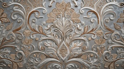 Obraz premium A detailed, ornate metal wall panel with intricate floral and leaf designs, featuring a metallic silver and gold color scheme, set against a dark background.