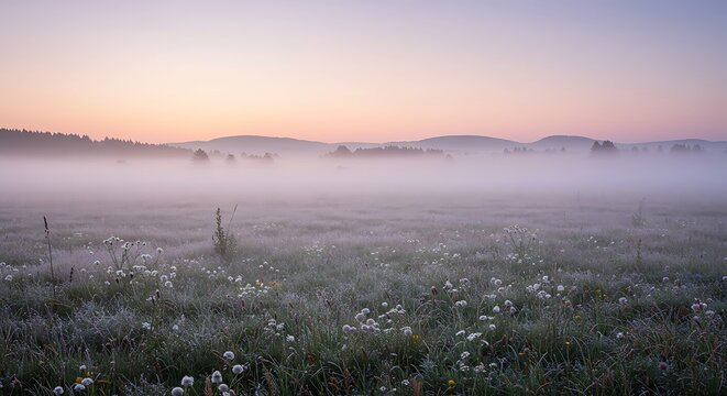 Ethereal Dawn - Misty Meadow Landscape with Soft Light and Distant Hills. - Powered by Adobe