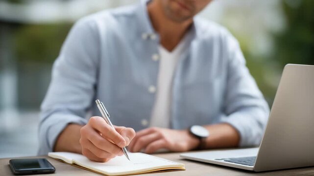 Person writing goals on a daily planner next to a laptop and smartphone, highlighting productivity concept, personal efficiency, strategic planning, and achieving balance between digital and