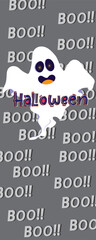 Playful cartoon ghost illustration for Halloween with multi-colored text and a repeating Boo sound effect. Centered design on a solid gray background for maximum contrast