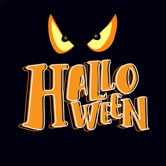 Creative Hello Halloween graphic designed as a jack-o-lantern face. Bold orange letters form the eyes and mouth on a black background for a festive holiday design.