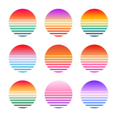 Grunge vintage colorful sunset. Striped gradient sunrise badges in 80s and 90s style. Sun and ocean view, summer vibes, surfing. Design element for print, logo or t-shirt. Vector illustration.