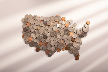 Map United States Of America - Coin background. Pennies/Quarters/ Cents.