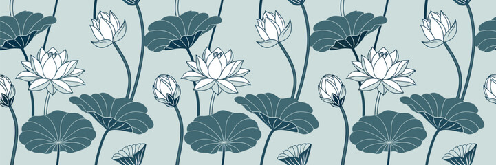 Elegant lotus flower seamless pattern in soft blue and white tones on a light background. Minimal floral design perfect for fabric, wallpaper, or home decor. Calm and natural botanical art.