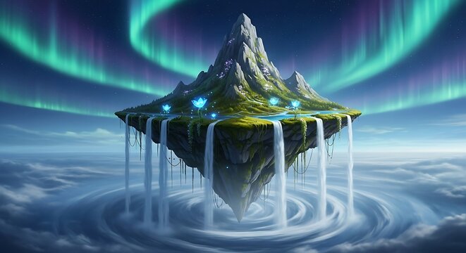Ethereal Floating Island with Cascading Waterfalls Under Aurora Borealis Glow.