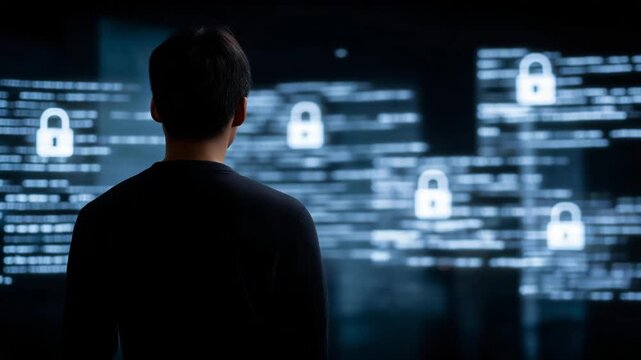 Silhouette of a person standing in front of cascading lines of code and glowing padlocks projected on a dark wall, symbolizing online security concept, hacker defense, encryption, and the unseen