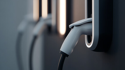 Electric vehicle charging station. A row of wall-mounted charging points provides power for electric vehicles, promoting eco-friendly transportation.