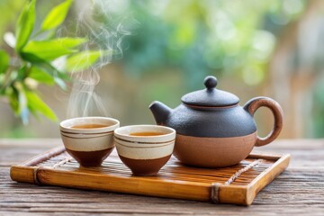 Traditional Chinese tea ceremony featuring clay teapot and cups on bamboo tray, with steam rising from freshly brewed tea, creating a serene and inviting atmosphere