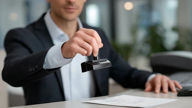 A government officer solemnly stamps immigration paperwork, eyes reflecting responsibility and authority, symbolizing legal compliance, integrity, and precision in bureaucratic dec