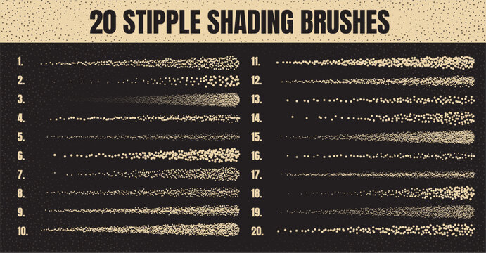 Ink scatter brush, stipple drawing and texturing. Fading gradient. Stippling, dotwork drawing, shading using dots. Halftone disintegration effect. White noise grainy texture. Vector illustration