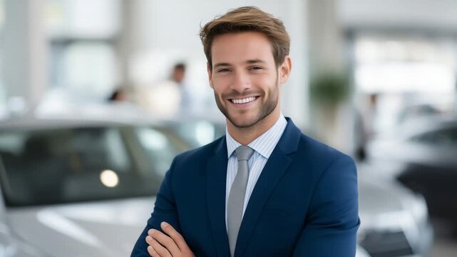 A smiling insurance expert showcases car insurance options next to a new vehicle, representing road safety, dependable coverage, customer satisfaction, and trust in financial servi