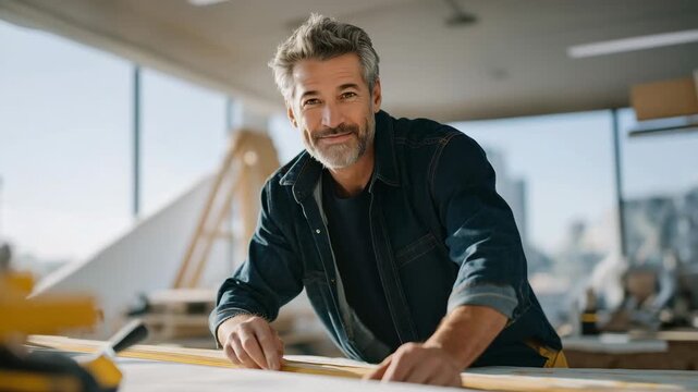 a tech development workshop with parts on the floor, cluttered table with tools, soft natural light from windows, a middle-aged engineer in casual clothes building a prototype, natural poses as