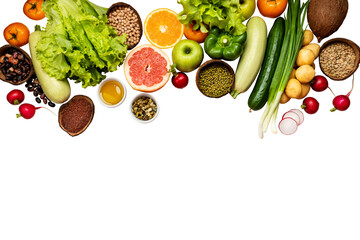 A vibrant medley of fresh fruits, vegetables, and legumes border frame on a png Background with Copy Space.Vegetarian food and diet nutrition concept.Farming and healthy food concept flat lay