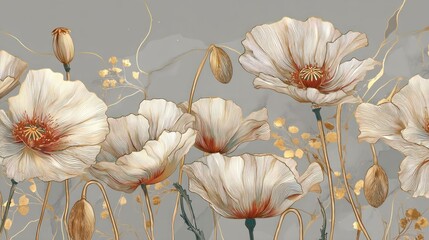 A beautiful floral mural with white poppies and gold accents on a gray background, featuring intricate details and a soft, dreamy style.