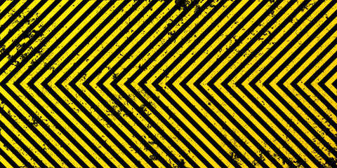 Warning sign with yellow and black diagonal lines. Attention, danger or caution symbol. Construction site signage, road safety notice, hazard banner, security alert shield. Vector illustration.