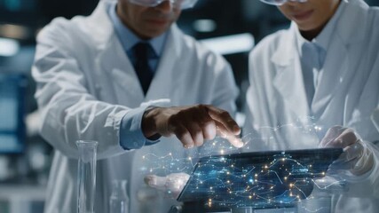 AI analyzes chemical reaction kinetics with dynamic holographic graphs, enabling researchers to adjust parameters, showcasing advanced lab technology and efficient, intelligent exp - Powered by Adobe