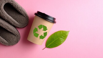 Recycled paper coffee cup and cozy slippers sit on a pink surface, representing sustainability and comfort.