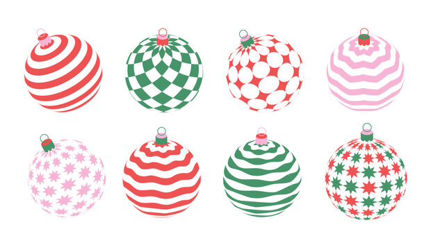 Vintage minimal Christmas balls set for xmas tree decoration. Simple 3d geometric design. Flat vector colorful illustration.