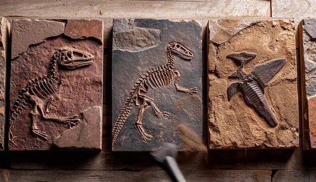 Ancient dinosaur fossil skeleton fragments embedded in brown stone slabs for archeological discovery. Tyrannosaurus, pterodactyl and stegosaurus bones in soil.