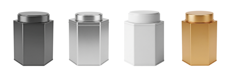 Hexagonal metal tea can mockups in matte black, silver, white, and gold colors, isolated on transparent background for product and packaging design presentation