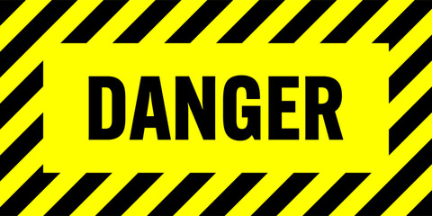 Warning sign with yellow and black diagonal lines. Attention, danger or caution symbol. Construction site signage, road safety notice, hazard banner, security alert shield. Vector illustration.