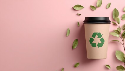A disposable coffee cup featuring a recycling symbol, surrounded by leaves, on a soft pink surface, conveys a message of environmental consciousness.