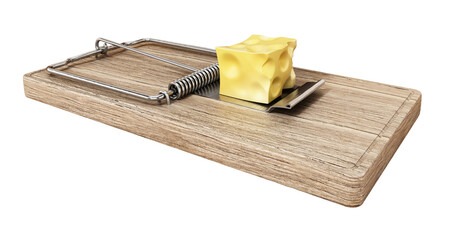 Mouse trap with a piece of cheese standing in front of the mouse hole on transparent background. 3D illustration