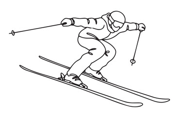 Minimalist black-and-white illustration of skier carving turn on steep mountain slope. Perfect for winter sports, speed, and active lifestyle content. Ideal for websites, social media, advertising, an