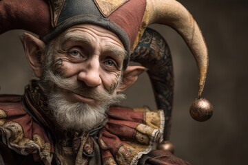 Whimsical Jester: Detailed portrait of a merry jester with a twinkle in his eye and a jovial expression. 