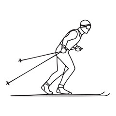 Minimalist black-and-white illustration of skier gliding on snowy trail with poles. Perfect for winter sports, endurance, and active lifestyle content