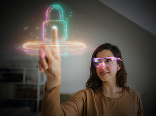 Smiling woman using AR glasses to access digital security interface
